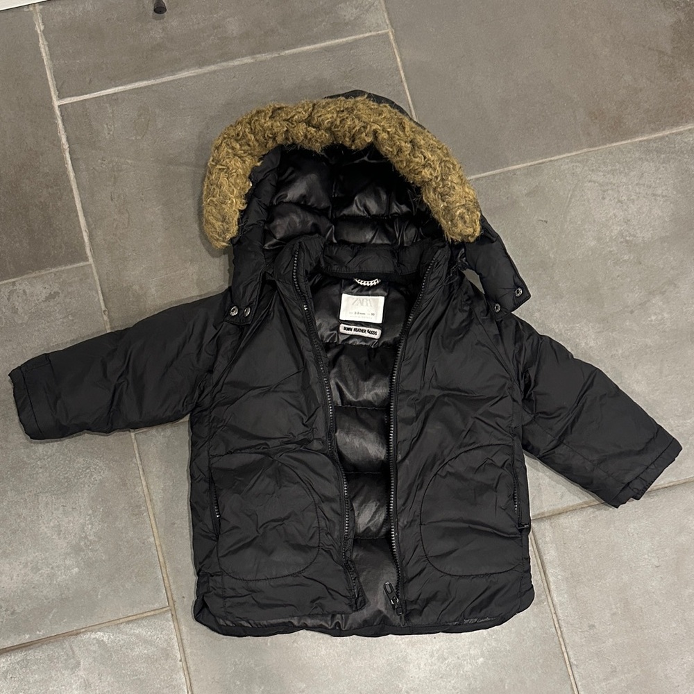Zara Black Down Puffer Jacket with Removable Tan Faux Fur Trimmed Hood